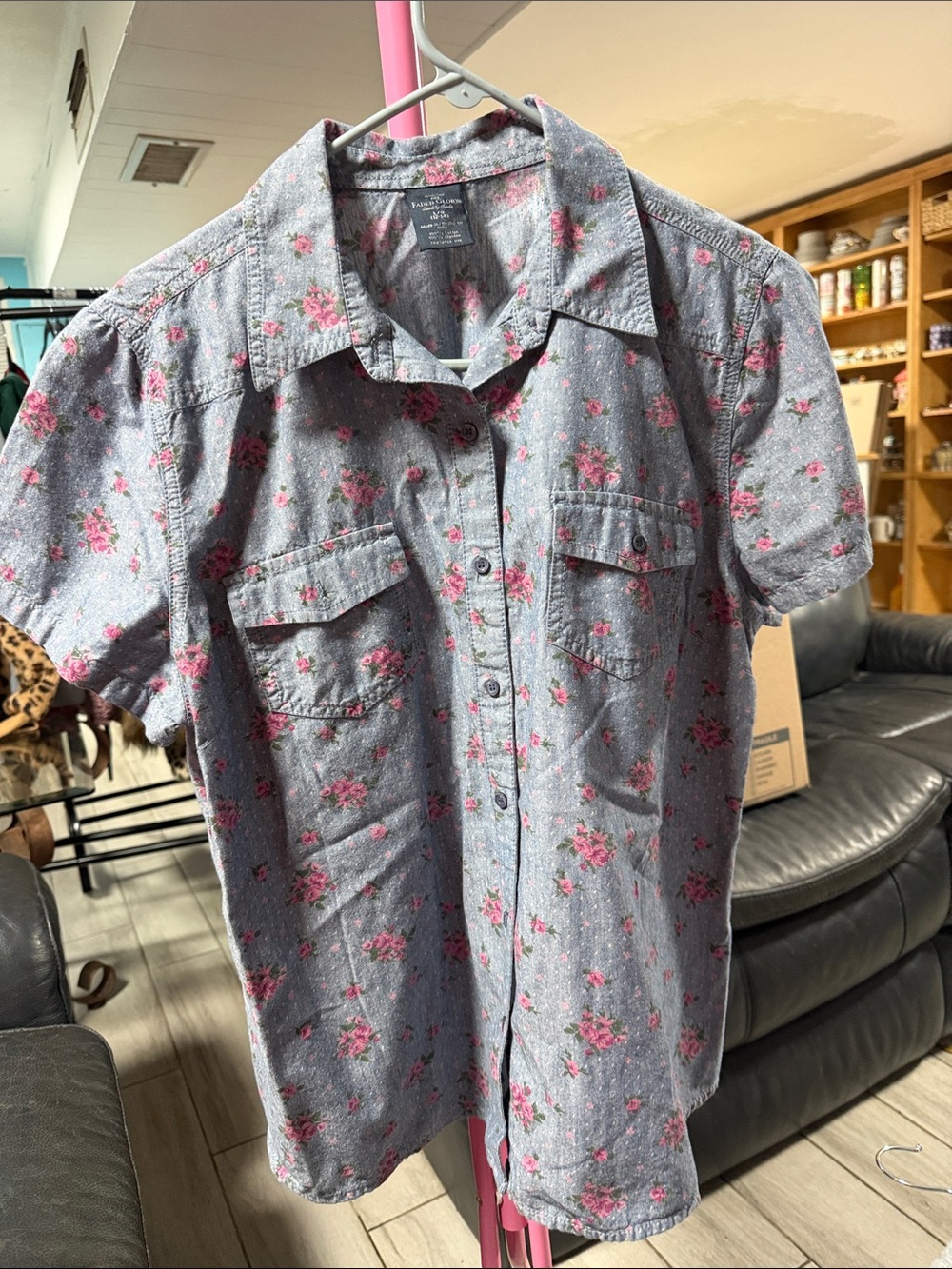 Faded Glory Gray Button-Down Shirt with Pink Floral Print